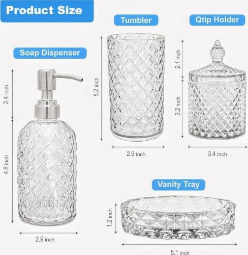 LaMarriti Clear Bathroom Accessories Set, 4Pcs Clear Glass Bathroom Set