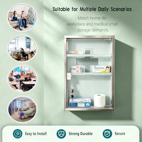 Locking Stainless Steel Medicine Cabinet, 3 Tier Wall Mounted Storage Cabinet, Durable Stainless Steel, Surface or Flush Mount, Ideal for Home, Office or First Aid, 11.8 * 4.7 * 17.7