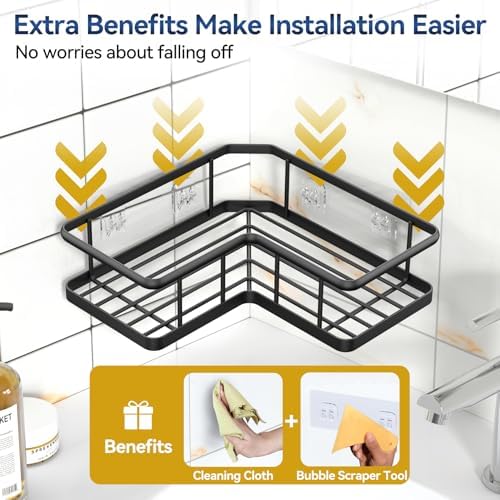 YASONIC Corner Shower Caddy Adhesive, 100% Rustproof Shower Organizer with Soap and Troothbrush Holder, No Drill Shower Shelf for Inside Shower, Wall-Mounted Shower Storage for Homes (5 Pack, Black)