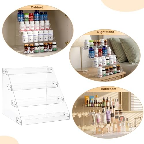BSTKEY 4 Tier Vitamin Bottles Organizer, Acrylic Widen Tiered Tray for Medicine Bottle Prescription Bottles, Pill Bottle Organizer, Spice Rack Shelf Vanity Storage for Cabinet Kitchen Countertop