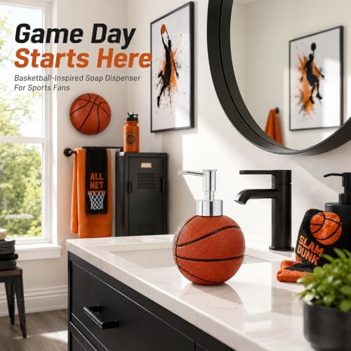 4-Piece Sports Bathroom Accessories Set Complete with Basketball Lotion/Soap Dispenser,Soccer Bath Cup/Tumbler,Base Ball Soap Dish,Football Toothbrush Holder