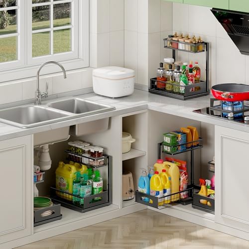 Under Sink Organizer, 1-Pack L-Shaped Metal Pull-Out Drawers for Kitchen