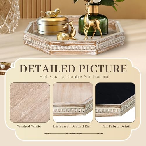 Wooden Decorative Tray, Small Serving Tray with Wood Bead, Farmhouse Big Tray for Ottoman, Countertop, Coffee Tabl, 13" x 13"x 1.6" (White Washed)