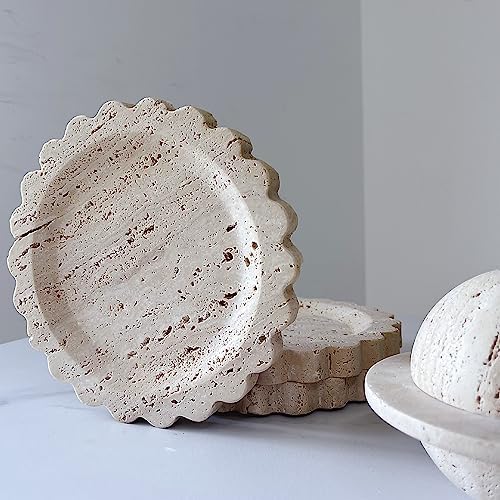 Travertine Marble Tray Round Scalloped Tray Small Serving Platter for Counter, Bathroom, Kitchen, Nightstand, Jewelry Ring Dish Holder (Beige Travertine)