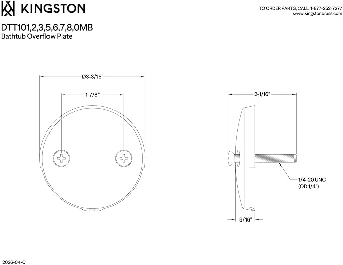 Kingston Brass DTT102 Made to Match Bathtub Overflow Plate, Polished Brass 3.19 x 3.19 x 2.31