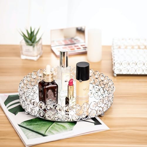 Feyarl Crystal Perfume Tray Cosmetic Makeup Vanity Tray Jewelry Trinket Organizer Mirrored Decorative Tray for Home Deco Christmas Birthday Gift(Round 10" inch) (Silver)