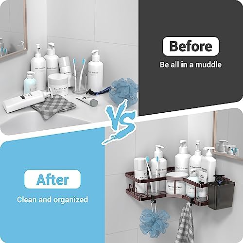AKTECKE Shower Caddy Corner Organizer: 2Pack Adhesive Shower Shelf Essentials - No Drilling Stainless Steel Bathroom Storage Rack with Hooks and Toothpaste Holder - Shower Accessories