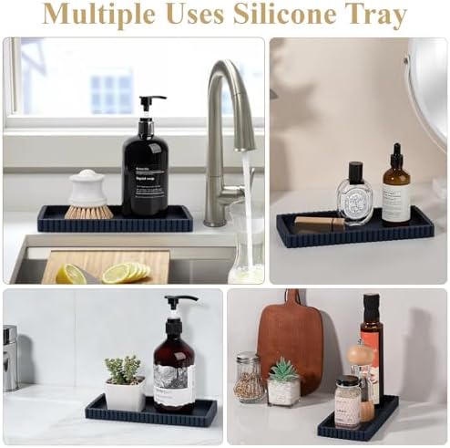 Silicone Bathroom Tray Small Vanity Tray Kitchen Counter Decor, Dark Blue