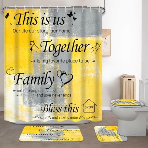 Lnond 4Pcs Shower Curtain Set with Toilet Lid Cover and Non-Slip Rugs for Bathroom,Yelloe Grey Abstract Motivational Bathroom Sets with Shower Curtain and Rugs