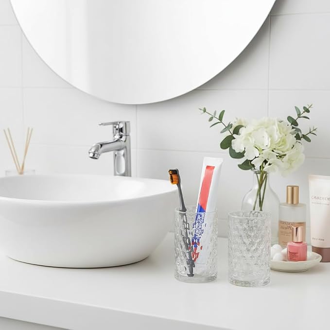 Bathroom Toothbrush Holder Set, 11oz Clear Glass Toothbrush Holder and Bathroom Tumbler Cup Set, Decorative Countertop Storage Cups Organizer for Toothpaste, Brushes