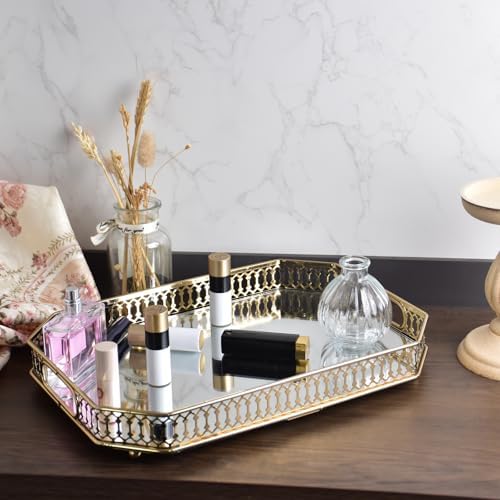 Bar Cart Tray Glass and Gold Tray,Mirrored Tray for Cologne, Perfume and Gold Vanity Tray- Decorative Mirrored Vanity Tray with Cutout Design, Glass Base, Metal Jewelry Organizer