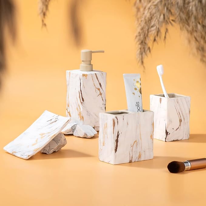 RQYIXI Ceramic 4-Piece Bathroom Accessories Set, Gold, Marble Design | marble look ceramic square design unique veining pattern modern countertop organization