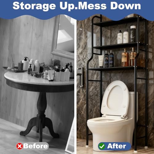 3-Tier Over The Toilet Storage Shelf, Freestanding Metal Bathroom Organizer with Hooks, Space Saving Bathroom Storage Rack with Adjustable Feet, Anti-Tip Design for Small Bathrooms, Black