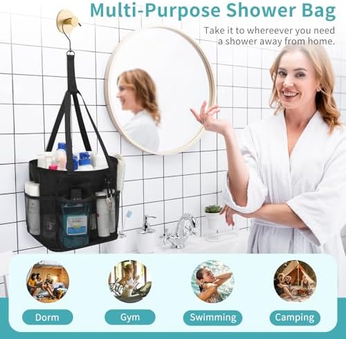 Mesh Shower Caddy Portable for College Dorm Room Essentials, Shower Tote Bag with Hanging Hook and Drawstring, Quick Dry Toiletry Bag with 6 Pockets for Bathroom, Swimming, Gym, Camping, Beach, Travel