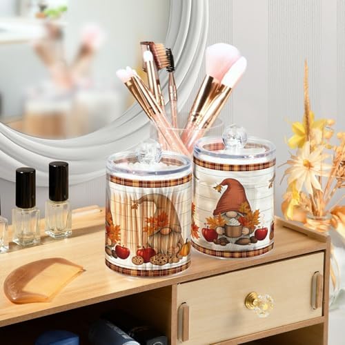 Gredecor 2 Pack Apothecary Jars with Lid Fall Gnome Maple Pumpkins Qtip Holder Dispenser Storage Containers Clear Plastic Cute Fall Autumn Thanksgiving Theme Canisters for Bathroom Vanity Organization