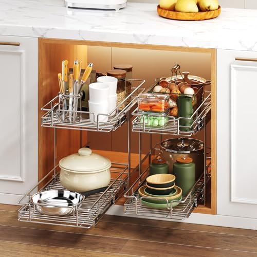 2 Tier Individual Pull Out Cabinet Organizer 10½" W x 18" D, Heavy Duty Cabinet Pull Out Shelves, Slide Out Drawers Organization for Kitchen Cabinets Bathroom