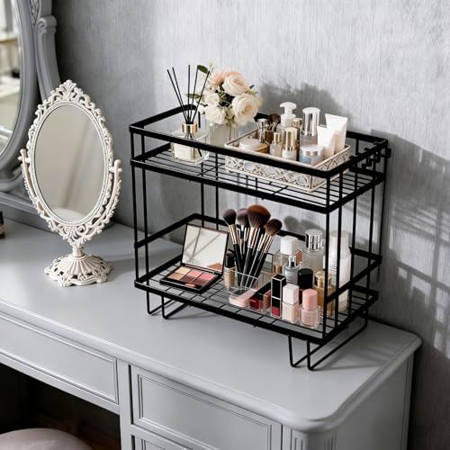 Over The Toilet Storage Rack - Bathroom Organizer Shelf, 2-Tier Floating Shelves with Hooks, No-Drill, Toilet Paper Holder for Restroom Bathroom Vanity Kitchen (Black)