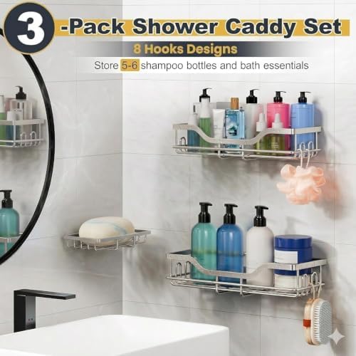 OMAIRA 3-Pack Shower Caddy with Soap Holder, Adhesive Rustproof No-drill Strudy Loading Inside Shower Organizer Shelves Rack Storage Bathroom Organization for Smooth Wall Glass Tile, Black (XX-Large)