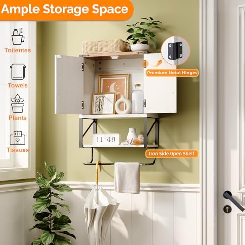 Bonnlo Wall Cabinet Farmhouse with Tower Bar Small Bathroom Medicine Cabinet Over Toilet Storage Organizer with Tower Bar Wall Mounted for Bathroom Kitchen Rustic White & Brown