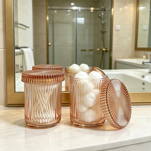 2 Pack Ribbed Glass Qtip Holder with Lid, Amber