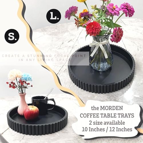 Modern Table Round Decorative Trays 2pcs Home Decor - Circle Coffee Table Centerpiece Set 12"/10" - Wooden Black Ottoman Tray with Fluted Edge