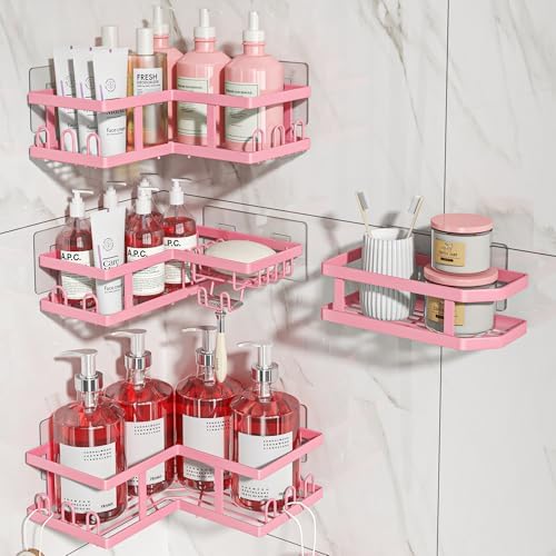 Youvip 4-Pack Adhesive Corner Shower Caddy with Soap Holder, No Drilling Wall Mounted Shower Shelves-Rustproof, Organizer for Bathroom, Kitchen & Home Decor. Pink