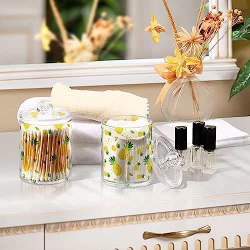 2 Pack Apothecary Jars Bathroom Summer Pineapple Qtip Holder Storage Canister Clear Plastic Jar with Lid for Cotton Ball, Cotton Swab
