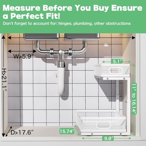 Under Sink Organizer 2 Pack, High Adjustable 2 Tier Under Sink Organizers and Storage, Slide out Metal Cabinet Organizers, Pull out Storage Drawer Shelf for Kitchen Bathroom Cabinet (White)