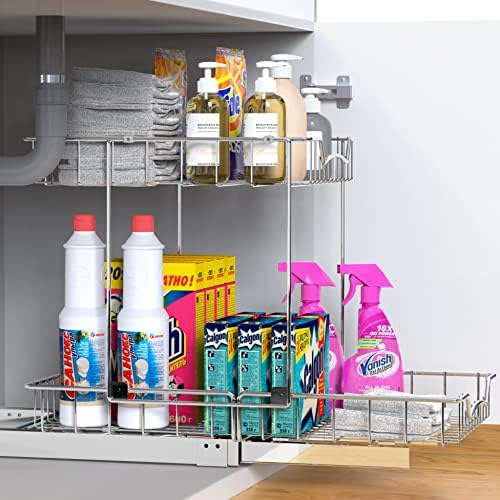 Simple Houseware 2-Tier (L+L) Pull Out Under Cabinet Sliding Shelf, Chrome
