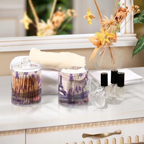 Eiffel Tower Lavender (2) 4 Pack Clear Plastic Qtip Holder Dispenser Set,Bathroom Storage Canister for Cotton Swabs, Balls, Dental Floss,Pads,Organize with Apothecary Jars