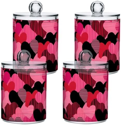 MNSRUU 2 Pack Qtip Holder Organizer Dispenser Hot Pink Hearts Bathroom Storage Canister Cotton Ball Holder Bathroom Containers for Cotton Swabs/Pads/Floss