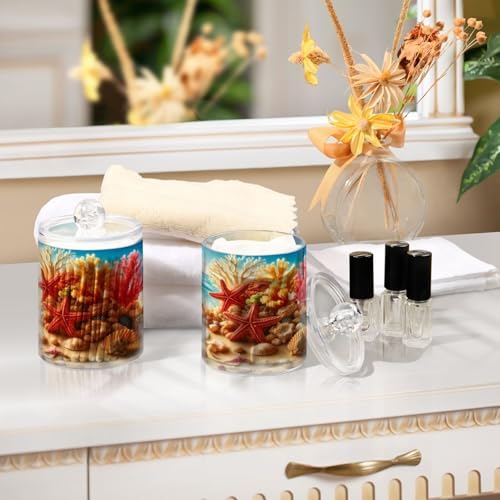 2 Pack Qtip Holder Organizer Dispenser Starfish Coral Seashell Summer Beach Bathroom Storage Canister Cotton Ball Holder Container for Cotton Pads/Swabs/Floss
