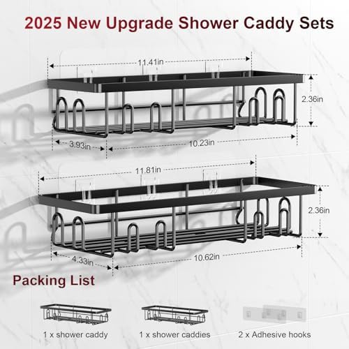 Getsrichfc Shower Caddy Adhesive, Rustproof Shower Shelves for Inside Shower, Large Capacity Bathroom Organizers and Storage, Shower Storage with Removable Hooks, No Drill Bathroom Accessories Black