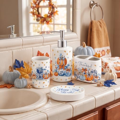 4 Pcs Fall Chinoiserie Ceramic Bathroom Accessories Blue and White Pumpkin Lotion Soap Dispenser, Toothbrush Holder, Tumbler, Soap Dish for Autumn Thanksgiving Bathroom Decorations Gifts