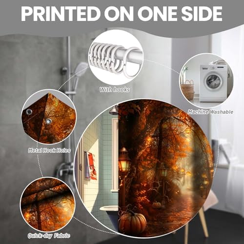 NBVKO Fall Thanksgiving Day Shower Curtain Sets,Autumn Maple Forest Bathroom Shower Curtain with Non-Slip Rug Toilet Lid Cover Bath Mat 12 Hooks, Pumpkin Bathroom Decor Set