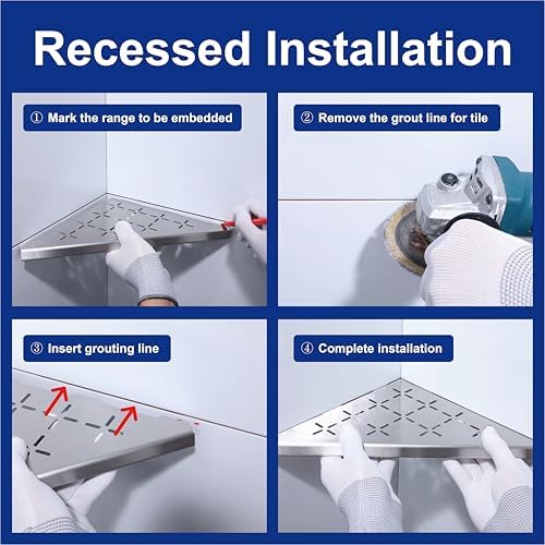 12" Corner Shower Shelf, 1-Pack Shower Shelves SUS304 Stainless Steel Bathroom Shelves for Tile Walls, Recessed Corner Shelf Organizer Rack, No Drilling (Brushed)