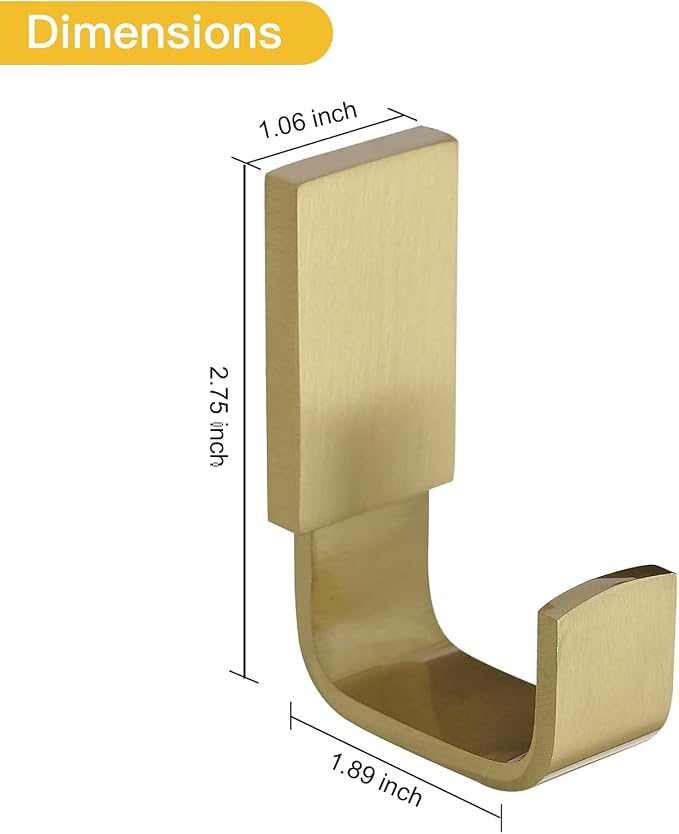 BESy Brass Clothes Hook Single Towel Hook for Bathroom Kitchen Garage Square Style Robe Hooks Coat and Hat Hook, Wall Mounted with Screws, Two Packs, Brushed Gold