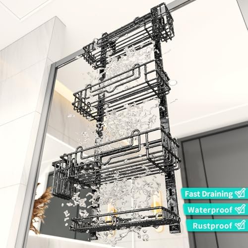 HapiRm Over the Door Shower Caddy - 4-Tier Hanging Shower Organizer with 22 Hooks and 2 Toothbrush Holders, No Drilling Adjustable Hanging Shelves for Bathroom - Black (Pack of 2)