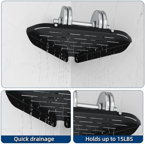 Qeke Bathroom Corner Shelf, 9" Shower Shelf Caddy, SUS304 Stainless Steel Shelf Wall Mount Corner Shelf with 2 Hooks, Matte Black
