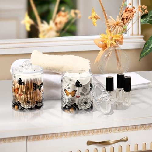 MNSRUU 2 Pack Qtip Holder Organizer Dispenser Grey Butterfly Bathroom Storage Canister Cotton Ball Holder Bathroom Containers for Cotton Swabs/Pads/Floss