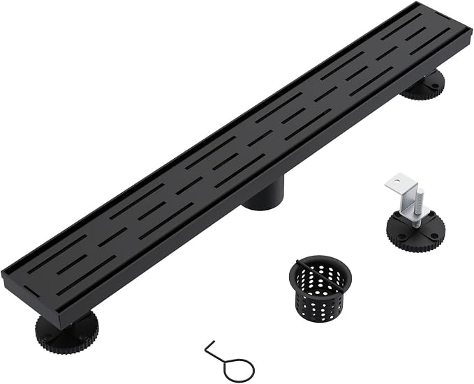 ELLO&ALLO 32 Inch Matte Black Linear Shower Drain, SUS304 Stainless Steel Rectangle Shower Floor Drain with Removable Pattern Grate