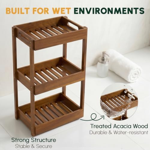 BEEFURNI 3-Tier Corner Standing Acacia Wood Shower Caddy Organizer