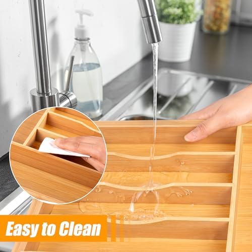 Bellsal Large Premium Bamboo Silverware Organizer - Expandable Utensil Drawer Organizer - 17"x19.6" Utensil Holder and Cutlery Tray with Grooved for Kitchen Flatware and Utensils Mother's Day Gift