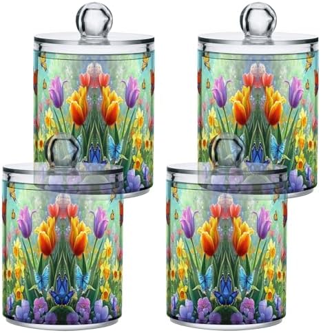 MNSRUU 4 Pack Qtip Holder Organizer Dispenser Easter Garden Tulips Daffodils Bathroom Storage Canister Cotton Ball Holder Bathroom Containers for Cotton Swabs/Pads/Floss