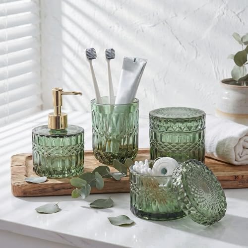 LaMarriti Green Bathroom Accessories Set, 4Pcs Clear Glass Bathroom Set, Soap Dispenser and Toothbrush Holder Set, Qtips Holder, Soap Dish for Crystal Modern Bathroom Decor, Countertop Organizer