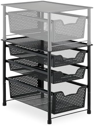 Relaxdays Drawer Shelf, Stackable Office Organiser, 3 Pull-Out Baskets, Metal, Kitchen, Bathroom, HBT: 35 x 28 x 42.5 cm, Black