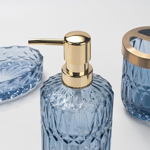 IVAILEX 5PCS Blue Glass Bathroom Accessories Sets of Lotion Dispenser, Soap Dish, Toothbrush Holder, Tumbler, Cotton Swab Jars, Modern Bath Decor, Vintage Gift