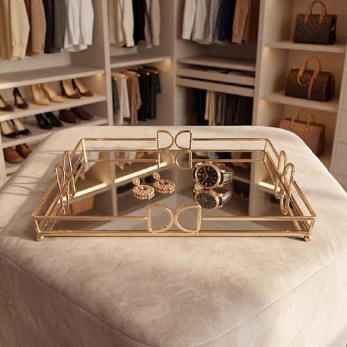13X 10 Inch Glass and Gold Rectangle Tray ,Dinner Plate Perfume and Vanity Tray - Decorative Mirrored Vanity Tray with Gold Metal Cutout Design, Jewelry Organizer (13 Inch DD Tray)