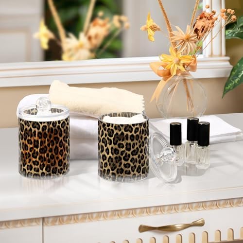 Brown Leopard Print Qtip Holder Apothecary Jars Bathroom Storage Floss Makeup Organizer for Cotton Ball Swab Acrylic 2 Packs