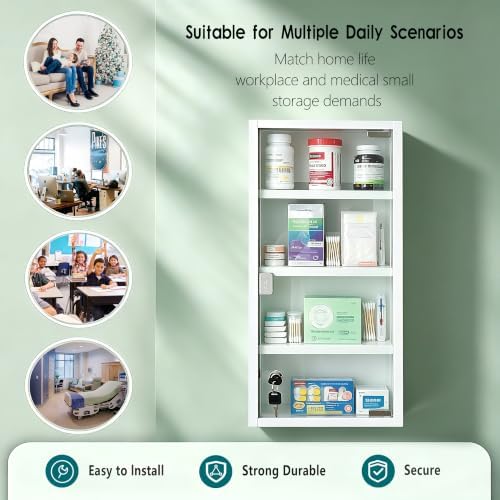Locking Stainless Steel Medicine Cabinet, 4 Tier Wall Mounted Storage Cabinet, Durable Stainless Steel, Surface or Flush Mount, Ideal for Home, Office or First Aid, 10.6 * 4.7 * 22.4